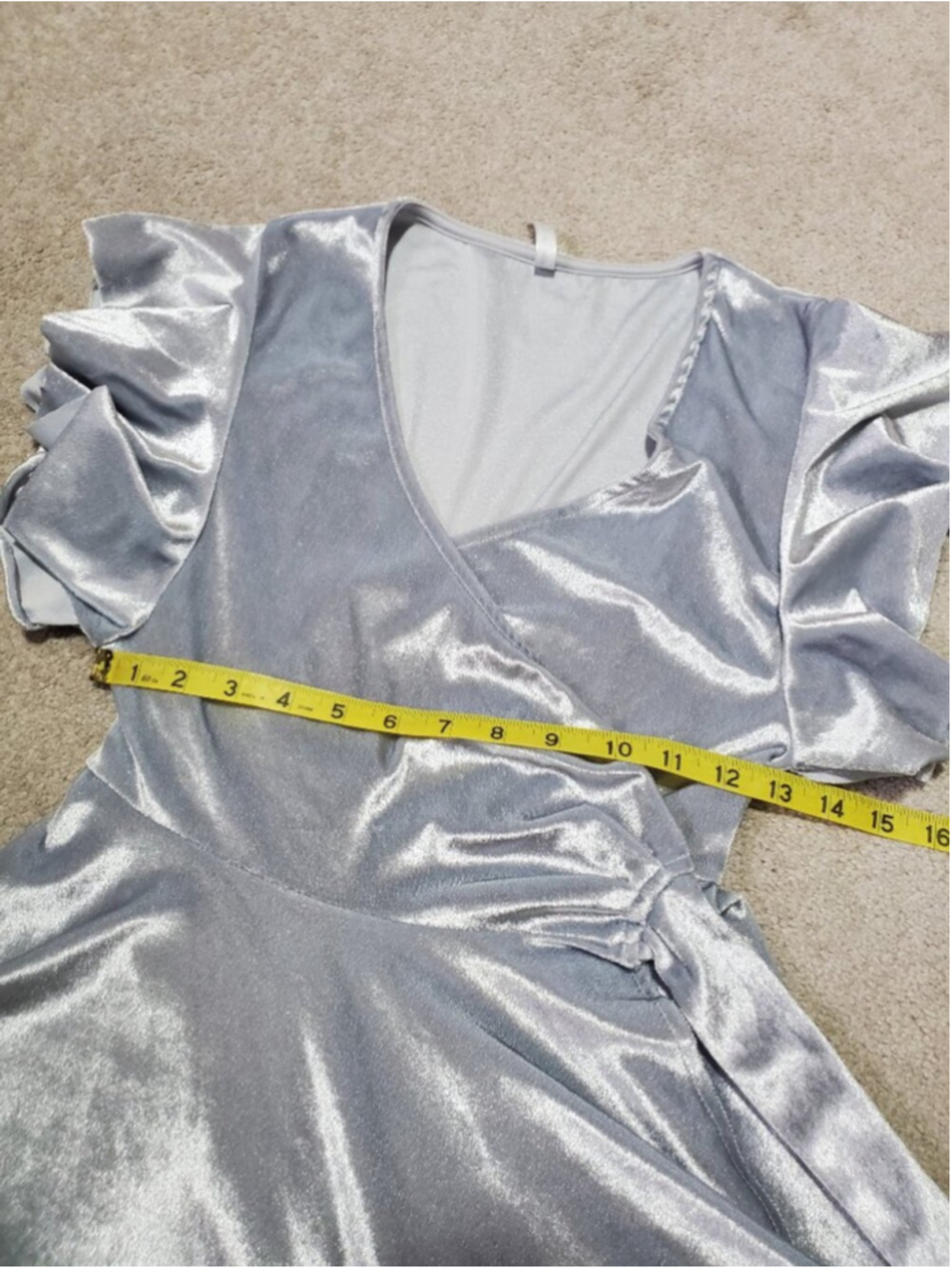 LUCY IN THE SKY Velvet Wrap Mini Dress Silver XS Flutter Sleeve Going Out Micro - Picture 12 of 13